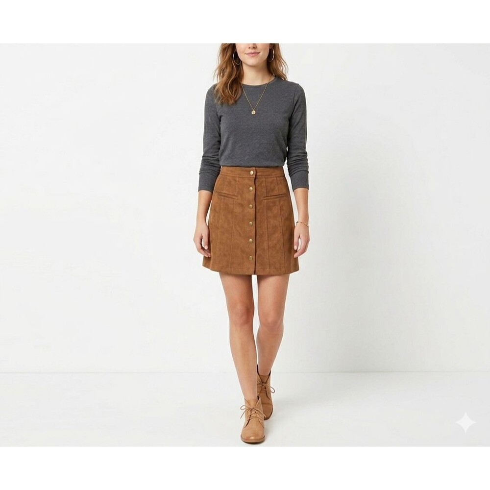 Zara TRF Trafaluc Faux Suede Button Front Mini Skirt Brown Size Medium